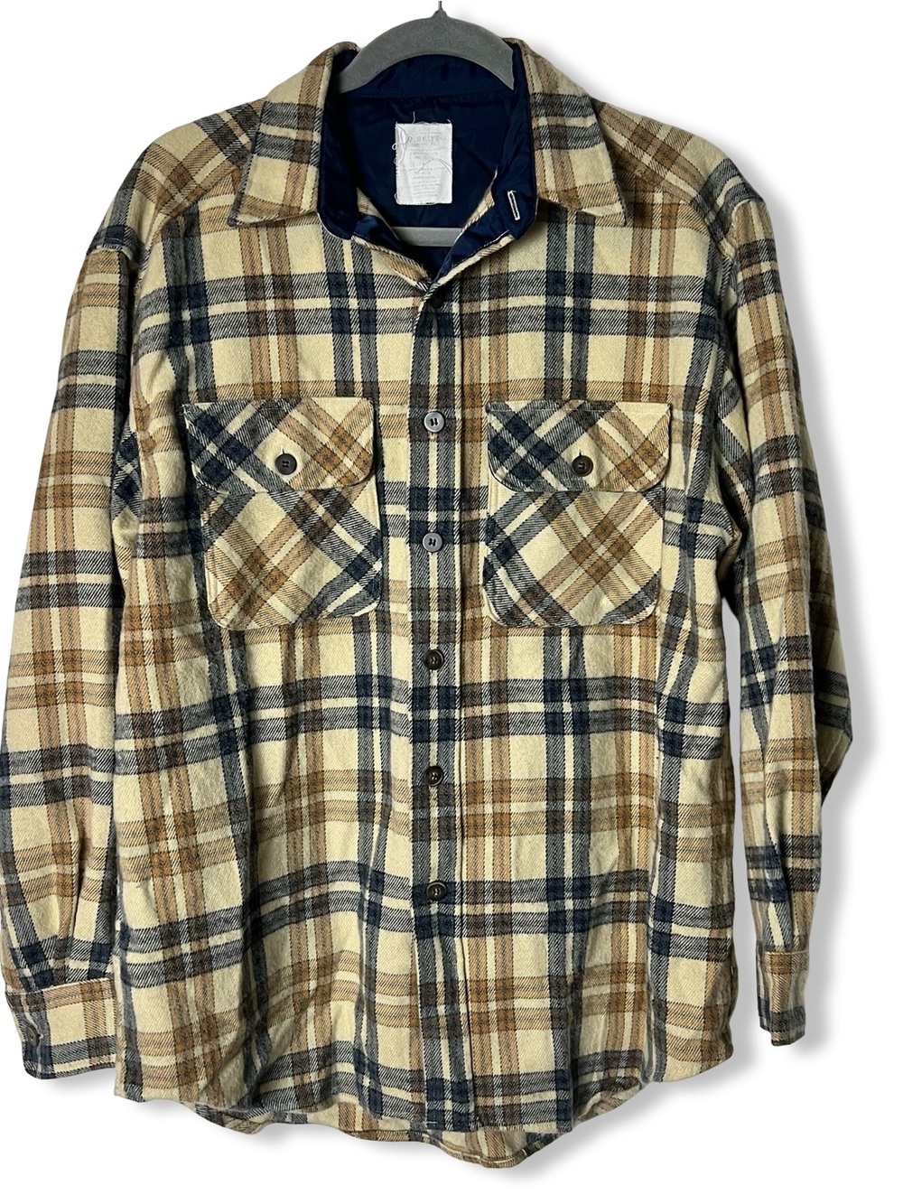 Old Navy Vintage 90s Mens Lined Wool Blend Flannel Shirt Jacket Tan Plaid Sz. S